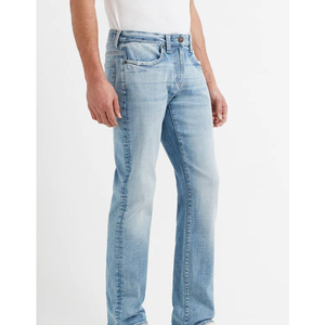 Jean slim empilable à jambe droite pour homme, bleu délavé, longueur haute, respirant, coupe ajustée, en denim, prix de gros, OEM - Product Image 4