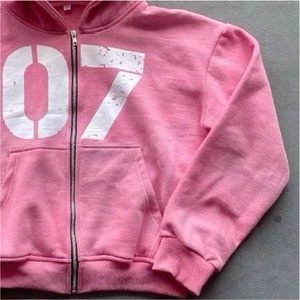 <b>Pink</b> Hooded Zipper <b>Sweatshirt</b> Unisex Regular Fit Casual Fleece Cotton Screen Print Front Pocket Autumn Style - Product Image 4