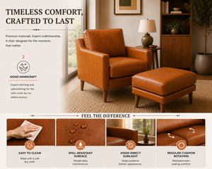 Luxury Cognac Brown Leather Armchair with Ottoman Mid Century Modern Reading Chair for Lounge Room Leather Accent Chair Ottoman - Product Image 4