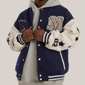 Top Gun Varsity <b>Jacket</b> <b>Men</b> PU Leather Sleeve Embroidered Patch Design Turn-down Collar Zipper Closure Casual Autumn Style - Product Image 2