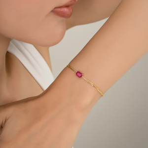 Minimal & Classic Style 7x5 mm Octagon Cut <b>Ruby</b> Single Stone Cuban Link Chain <b>Bracelet</b> Women's K14 Original Yellow Gold Jewelry - Product Image 2