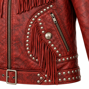 Chaqueta Bomber de Cuero Genuino Roja para Hombre, Estilo Casual, Motociclista, con Borlas y Tachuelas, Cierre de Cremallera, Cuello Camisero, Transpirable - Product Image 5