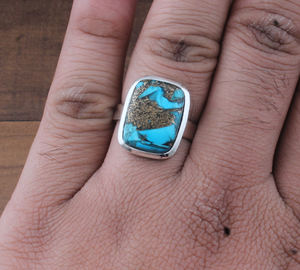 Anillo de Plata de Ley con Turquesa Azul Natural en Forma de Cojín, Joyería de Moda Boho Hecha a Mano, Precio de Fábrica, Regalo para - Product Image 1