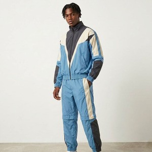 Custom Logo Men's Blue Color Block Nylon Tracksuit 2 Piece Set Vintage Streetwear Windbreaker Jogger Pants - Product Image 3