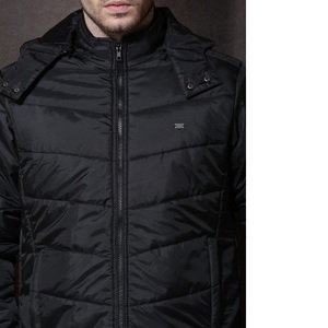 Blouson matelassé noir pour homme, à capuche, fermeture éclair frontale, col montant, coupe ajustée, coupe-vent, en polyester, couleur unie, pour l'hiver - Product Image 3
