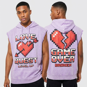 Sleeveless Pixel Art Heart Hoodie Men Muscle Fit Cut Off Sweatshirt Custom Y2K Gamer Graphic Vest <b>Distressed</b> Streetwear <b>Top</b> - Product Image 1