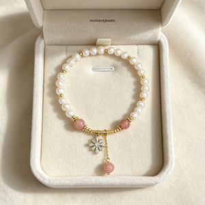 Freshwater Pearl Charm Bracelet Gold Plated Stone Beaded <b>Bangle</b> Floral Pendant Jewelry for Women - Product Image 6