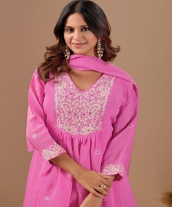 Pink <b>Silk</b> Embroidered Vintage Quick Dry Ankle-Length <b>Kurta</b> Set Women Traditional Indian Pakistani Style Casual Wear 86871 - Product Image 3