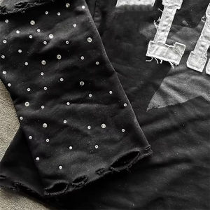 Customize Acid Wash Distressed Patchwork Embroidery Double Layer Long Sleeve T-shirt Rhinestone Printed Cotton T Shirt - Product Image 5