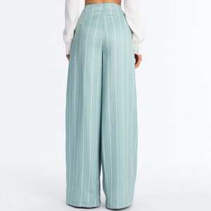 Pantalon large taille haute pour femme en satin bleu clair plissé, longueur intégrale, respirant, 100 % coton, élégant, coupe ample, idéal pour le printemps - Product Image 2