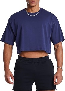 Camiseta Corta para Hombre, Cuello Redondo, Color Sólido, Informal, Tejida, Holgada, Transpirable, 100% Algodón, Azul Marino - Product Image 6
