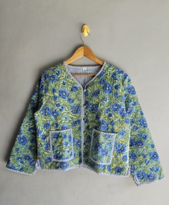 Veste matelassée florale pour femme en coton, manches trois quarts, col rond, poche plaquée, style printemps, broderie à la main - Product Image 1