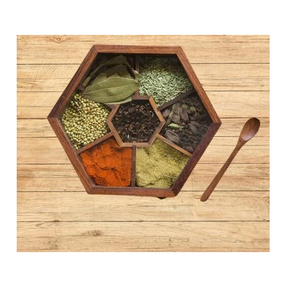 Boîte à épices en bois avec couvercle, organisateur à 7 compartiments, boîte à épices ronde en bois avec cuillère - Product Image 2