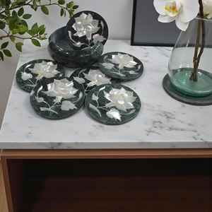 Sous-verres faits main en marbre noir Pietra Dura, incrustation florale en pierre, décoration de table artistique, cadeau - Product Image 3