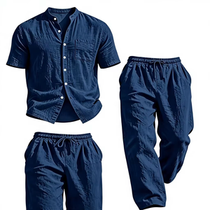 2026 Summer Vacation Men's Khaki 100% Cotton Satin Short Sleeve Shirt Long Pants Shorts Set Casual Beach Solid 2pcs Quick Dry - Product Image 1