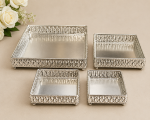 Silver Metal Contemporary Trays Set of 4 for Party Festival Pooja Decorative Gift - Product Image 1