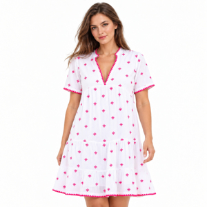 Vestido Casual Blanco Bordado de Manga Corta para Mujer, con Cuello Festoneado, Ropa de Verano para Estar en Casa - Product Image 1