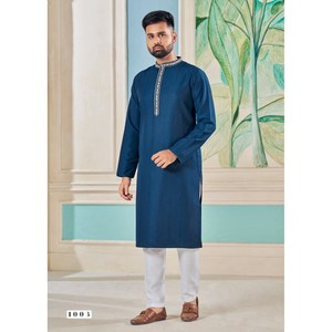 DESIGNER VISCOSE WEAVING STRIPE WITH EMBROIDERY WORK <b>MENS</b> <b>KURTA</b> <b>PAJAMA</b> SKY - Product Image 1