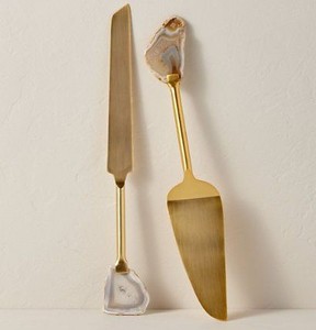 Modern Gold Cake Server Set Matte Finish Agate Handle Dishwasher Safe Wedding <b>Flatware</b> - Product Image 3