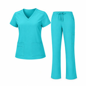 <b>Black</b> Medical Scrub Set <b>Womens</b> V Neck Short Sleeve <b>Pocket</b> Top Drawstring <b>Trousers</b> Nursing Uniform Hospital Clinic Apparel Plain - Product Image 4