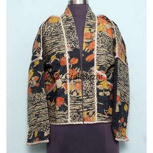 Chaqueta Reversible Acolchada para Mujer, Hecha a Mano, 100% Algodón, Estampado Floral, con Cuello en V y Cierre de Cinturón, para Otoño/Invierno - Product Image 1