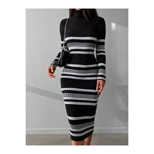 Abito a maglia nero a maniche lunghe da donna 7417