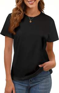 Camiseta de Manga Corta con Cuello Redondo Negra para Mujer, Corte Regular, Color Sólido, Informal, de Algodón Jersey, para Todas las Temporadas - Product Image 4