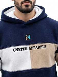 Sudadera con Capucha para Hombre Oneten, Forrada, con Bloques de Color, Manga Larga, 100% Algodón, Azul Marino, Beige, Blanco - Product Image 6