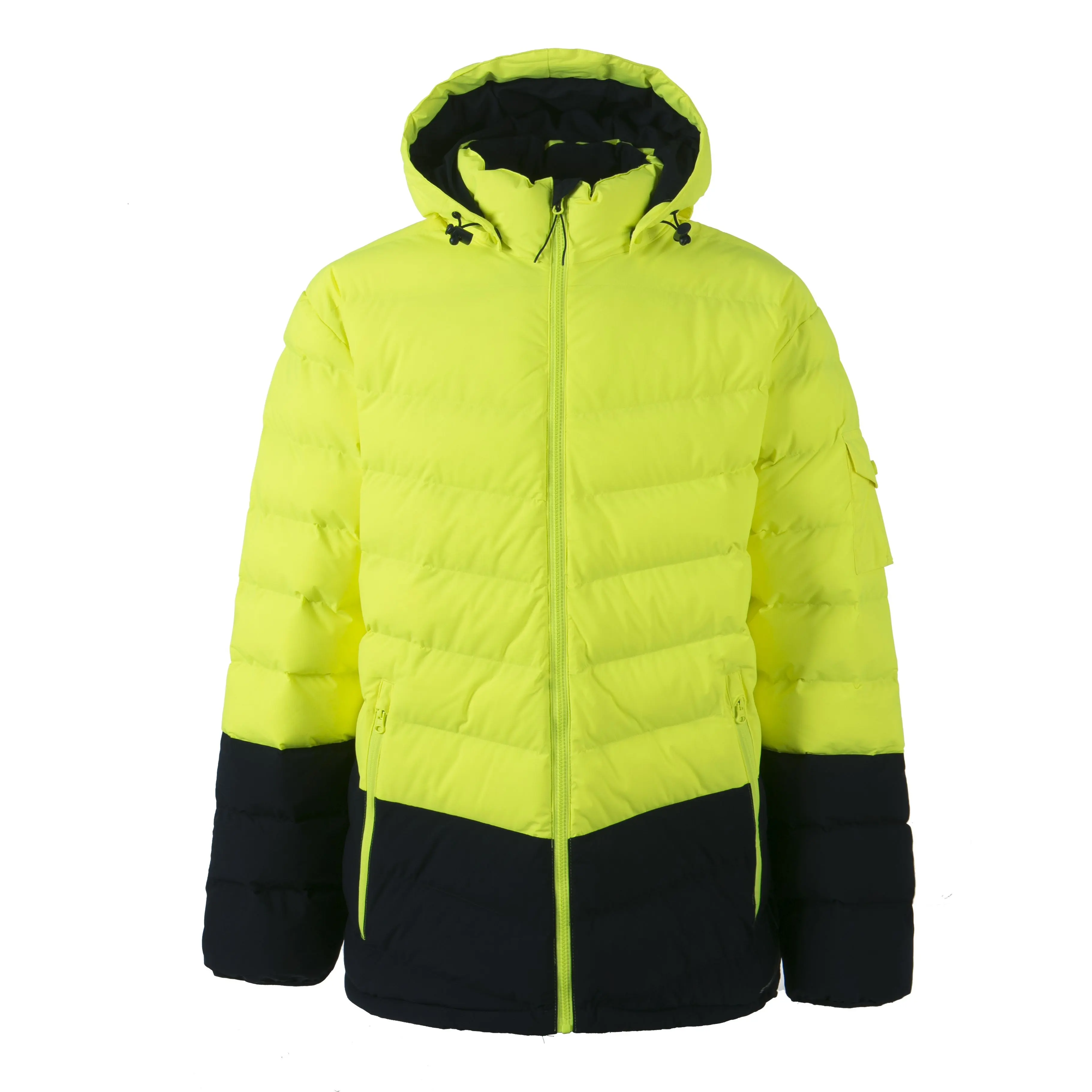 Jaket Puffer bertudung uniseks jaket Down musim dingin luar ruangan warna Neon kuning