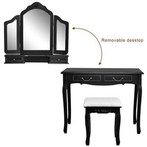 "Modern MDF <b>Makeup</b> Vanity Dresser with Tri-Fold <b>Mirror</b> & Stool-Black" - Product Image 4