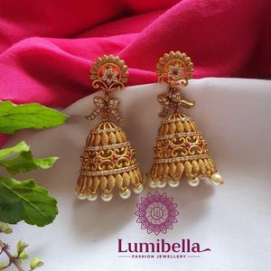 Chandelier Drop Hoop Earrings-Ethnic Religious Brass Jhumkis with Zircon and Pearl - Product Image 1