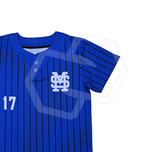 Maillot de baseball premium bleu rayé à deux boutons pour adultes, manches courtes, respirant, anti-humidité, avec logo et numéro, vente en gros - Product Image 3