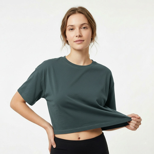 Women Fashion <b>Crop</b> T Shirt Short Sleeve Boxy Cotton Oversized Streetwear T Shirt Casual Summer Wholesale Custom Logo OEM Bulk - Product Image 1