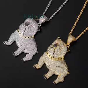 Pendentif Bouledogue en Argent 925 avec Diamants de Laboratoire et Strass en Cristal, Plaqué Or 18K, Breloque Unisexe Hiphop pour Usage Quotidien - Product Image 1