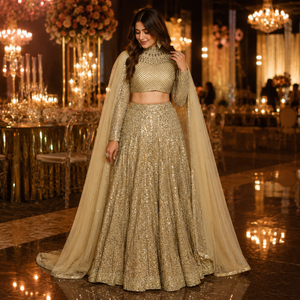 Womens Plus Size Modern Draped Golden Lehenga Choli | Luxury Bridal Lace | Crystal Embellished | Floor Length Line | Wedding - Product Image 1