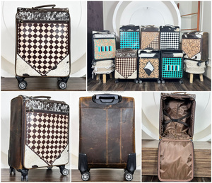 Handcrafted Tan & Brown Checkered Fur Leather Rolling Luggage Suitcases Trendy Designer Large Capacity Carry-On Travel luggage - Product Image 3