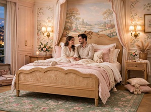 Base de Cama de Ratán Francés, Tamaño King, Plataforma de Madera Sólida con Cabecera - Product Image 3