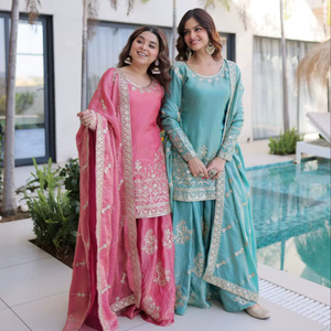 Nouvel ensemble haut en soie, pantalon palazzo et dupatta de créateur pour Diwali et les mariages – Infroissable et réversible - Product Image 1