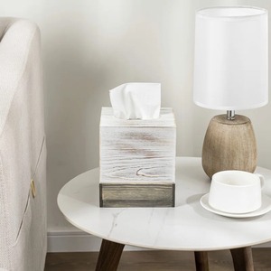 Boîte à mouchoirs carrée en bois bicolore blanchi à la chaux, style rustique, pour table de chevet – Distributeur de mouchoirs en bois vieilli blanc et marron - Product Image 3