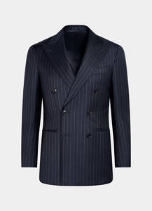 Costume sur mesure 3 pièces de luxe de haute qualité à rayures fines bleu marine pour homme, design moderne à double boutonnage, prix de gros raisonnable - Product Image 5