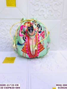 Shreenathji Printed Satin Potli <b>Bag</b> with Pearl Lace | <b>Drawstring</b> Ethnic Wedding Return Gift Pouch for Women - Product Image 5