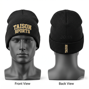 Premium 320 GSM Acrylic Knit Volleyball Beanie Black Ribbed Cuff Custom Embroidery Woven Label Logo - Product Image 1