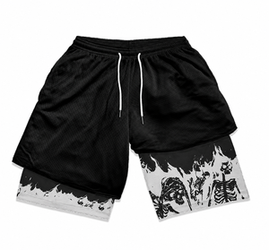 Shorts en maille 100 % coton noir pour homme avec motif flamme, style athlétique rétro, taille mi-élastique, vêtements de sport d'été - Product Image 5
