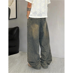 Men Relaxed Fit Wide Leg Denim Jeans Washed Black Baggy Casual Streetwear <b>Pants</b> Wholesale - Product Image 3