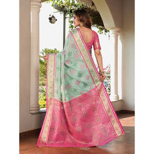 Sari Patola en organza bleu ciel tissé Zari, robes de soirée élégantes, Elite Weaves 600g - Product Image 4