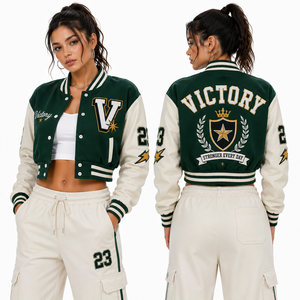 Chaqueta Letterman Corta Personalizada para Mujer, Cuerpo de Lana, Mangas de Cuero con Cierre de Botones, Estilo Bomber, Marca Privada, Logotipo Personalizado, Pedido al por Mayor - Product Image 1