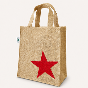 Sac cadeau en jute personnalisé pour Noël, imprimé étoiles dorées en lurex, réutilisable, 21x25.5x10.5cm, vente en gros, fabricant OEM, marque privée, B2B - Product Image 4