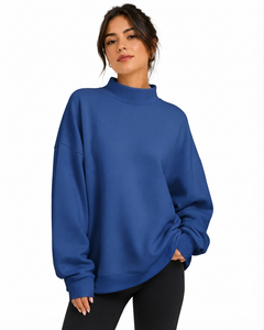 Women's Oversized Mockneck Sweatshirt Solid <b>Blue</b> Drop-Shoulder <b>Long</b> <b>Sleeve</b> Fleece Casual <b>Top</b> Autumn Wear - Product Image 1