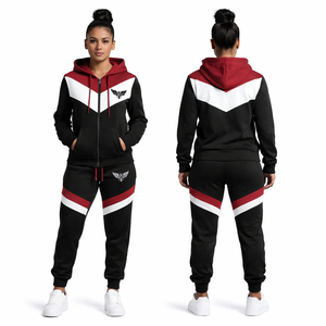 Custom Women Black Tracksuit <b>Set</b> Red <b>White</b> Color Block Hoodie & Jogger Pants Two <b>Piece</b> Sportswear Casual Streetwear Sweat Suit - Product Image 1