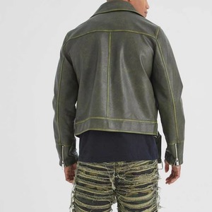 Men's Olive Green Cowhide Leather Moto Jacket Turn down Collar Zipper Closure Regular Fit Autumn Wear Genuine Soft Napa Leather - Product Image 2